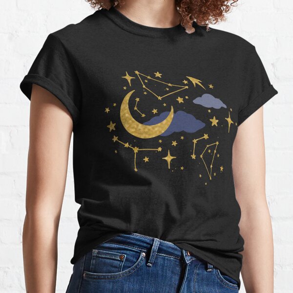 Celestial Stars and Moons in Gold and Dark Blue Classic T-Shirt
