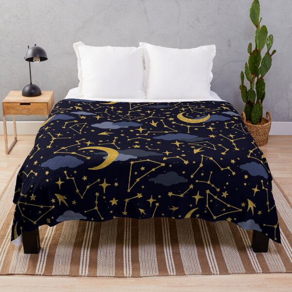 Celestial Stars and Moons in Gold and Dark Blue Throw Blanket
