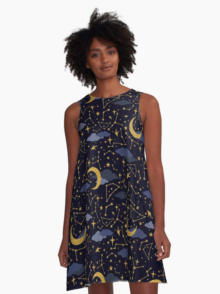 Celestial Stars and Moons in Gold and Dark Blue A Line Dress for Sale by evannave Redbubble