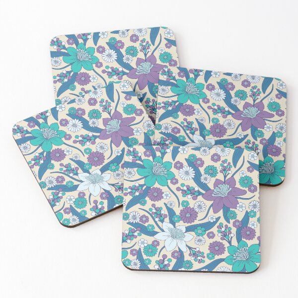 Item preview, Purple, Teal & Blue 1970s Inspired Retro Floral Pattern designed and sold by somecallmebeth.