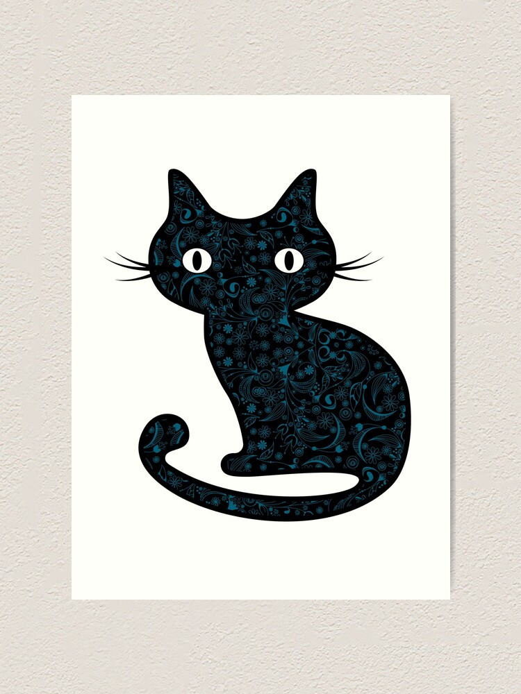 Impression Artistique Chat Noir Avec Motif De Tatouage Tourbillon Floral Bleu Par Epitomegirl Redbubble