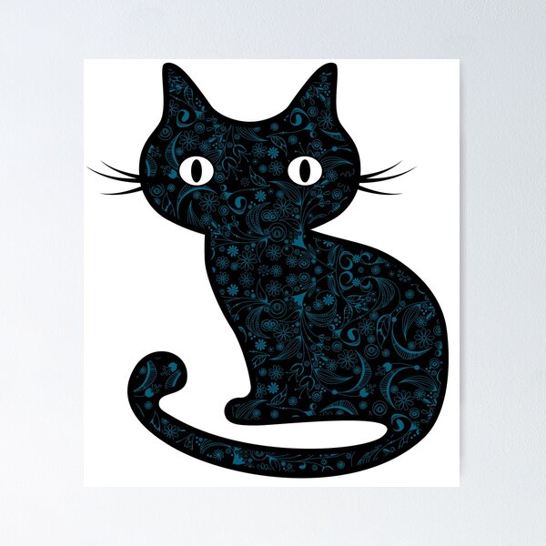 Item preview, Black Cat with Blue Floral Swirl Tattoo Pattern designed and sold by Epitome Girl.