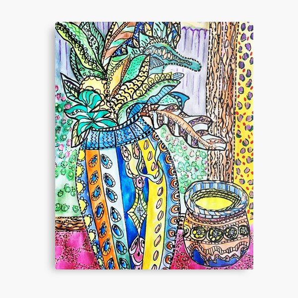 Happy pattern vase and flowers Metal Print