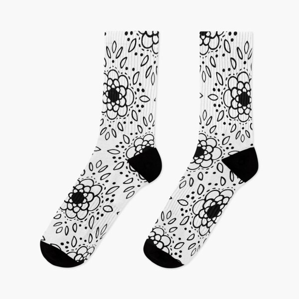 Item preview, Black and white geometric flower with leaves and polka dots pattern designed and sold by HannaPaulina.