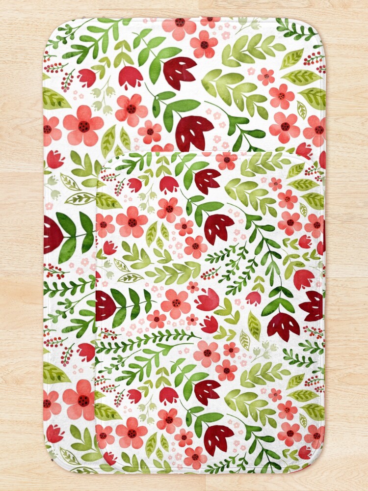 Alternate view of Red and peach watercolour floral Bath Mat