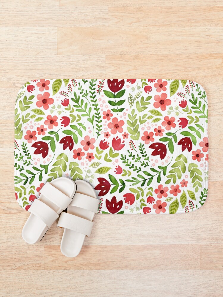 Alternate view of Red and peach watercolour floral Bath Mat