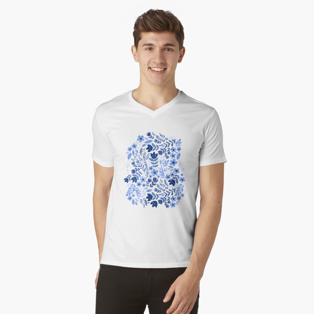 Blue watercolour floral V-Neck T-Shirt
