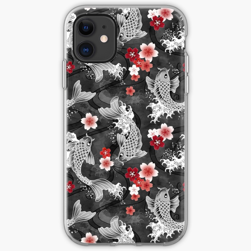 Flor de Koi Sakura en negro Funda y vinilo para iPhone