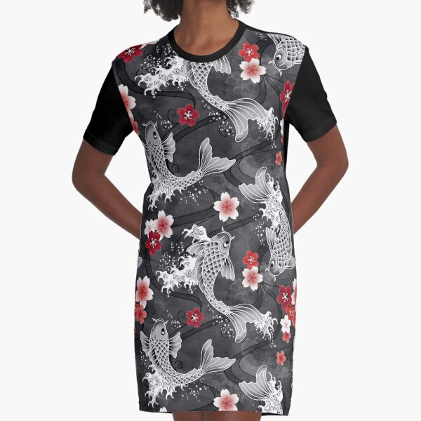 Koi sakura blossom in black Graphic T-Shirt Dress
