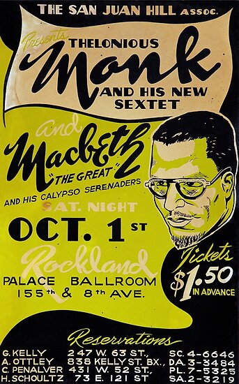 Thelonious Monk Retro 1949 Rockland Palace Harlem Jazz Concert Poster