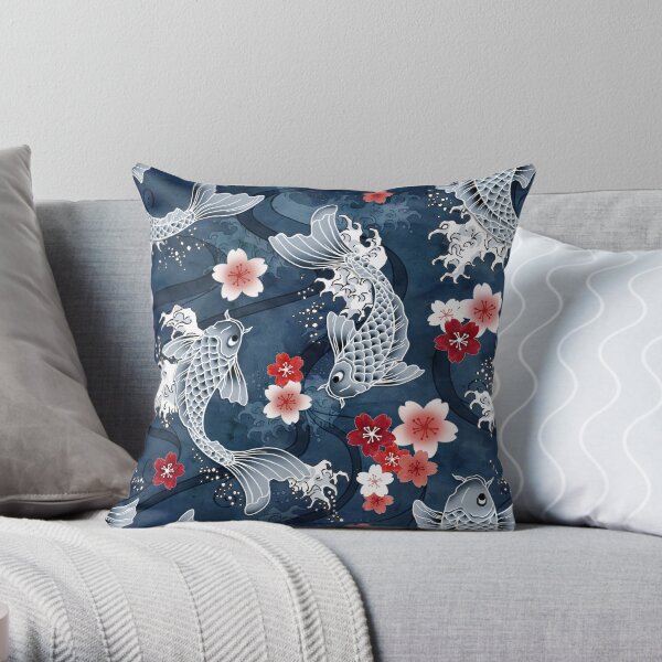 Koi sakura blossom in blue Throw Pillow