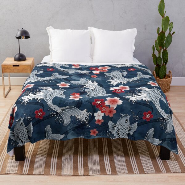 Koi sakura blossom in blue Throw Blanket