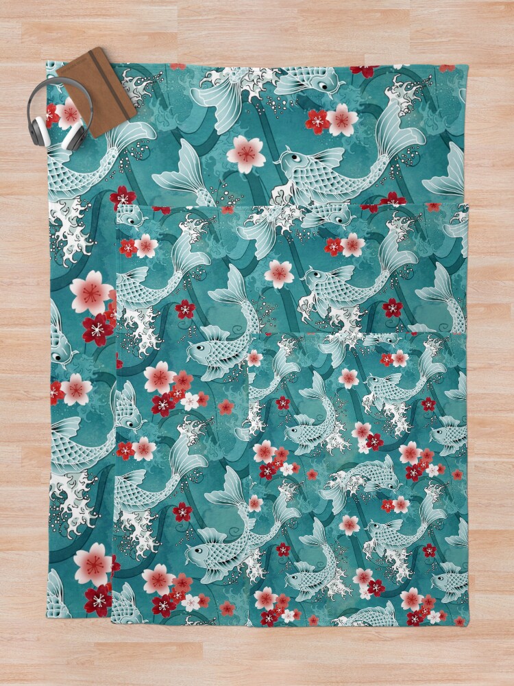Vista alternativa de Manta Flor de Koi Sakura en turquesa
