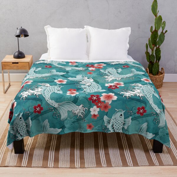 Koi sakura blossom in turquoise Throw Blanket