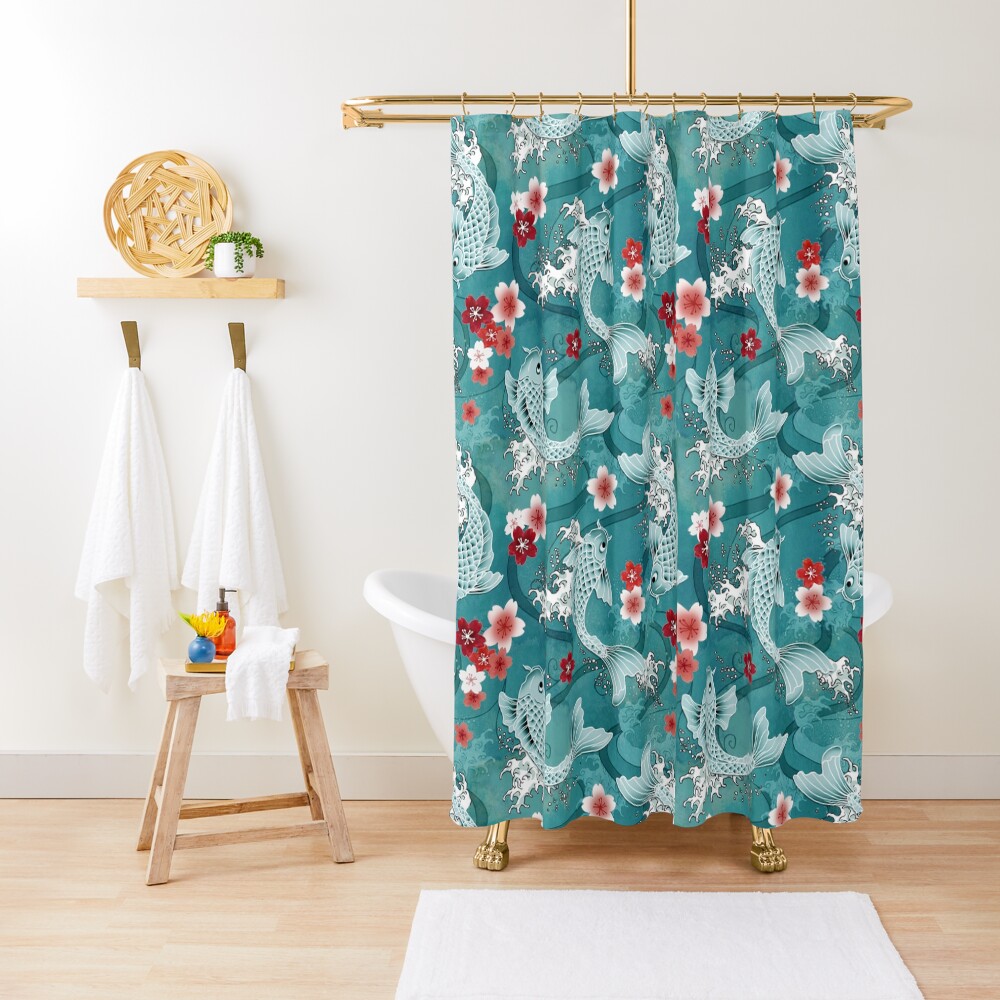 Koi sakura blossom in turquoise Shower Curtain