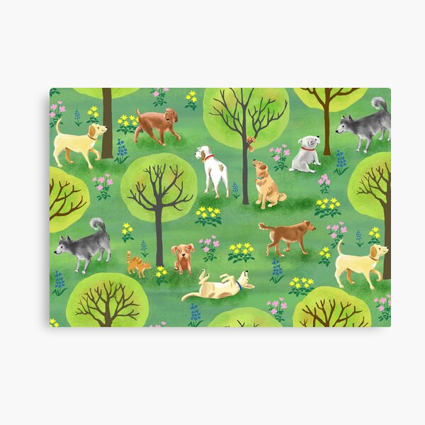 Dog Park Days with Dogs, Cats, Squirrels, Trees and Flowers Canvas Print