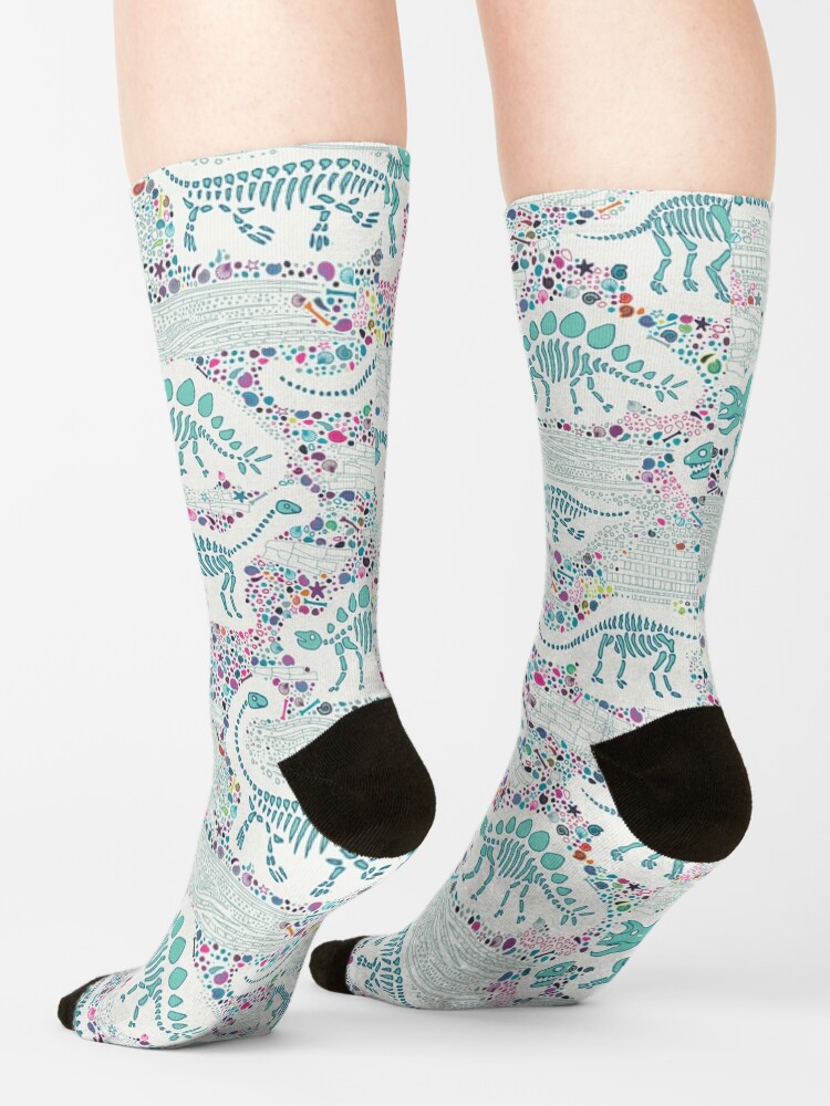 Alternate view of Dinosaur Fossils - aqua on white - Fun graphic pattern by Cecca Designs Socks