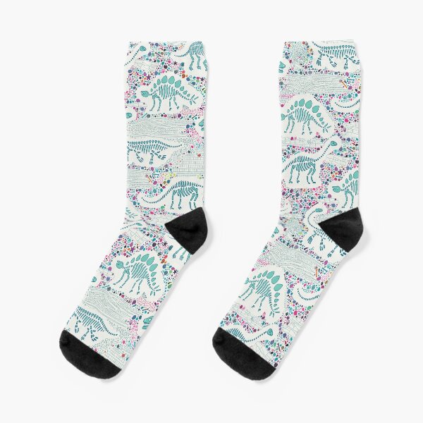 Dinosaur Fossils - aqua on white - Fun graphic pattern by Cecca Designs Socks