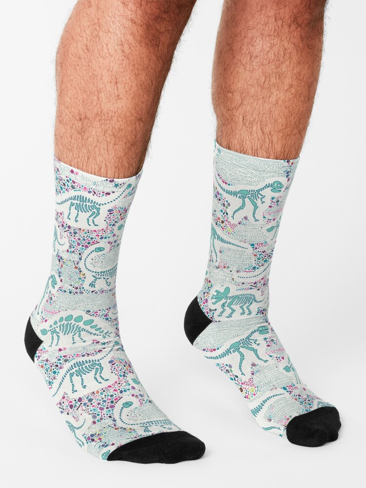 Alternate view of Dinosaur Fossils - aqua on white - Fun graphic pattern by Cecca Designs Socks