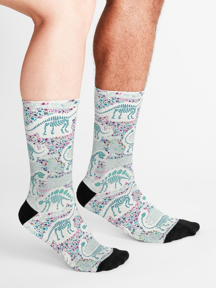 Alternate view of Dinosaur Fossils - aqua on white - Fun graphic pattern by Cecca Designs Socks