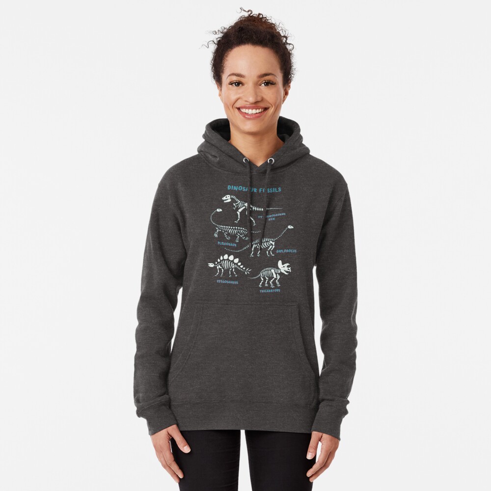 Dinosaur Fossils - aqua on white - Fun graphic pattern by Cecca Designs Pullover Hoodie