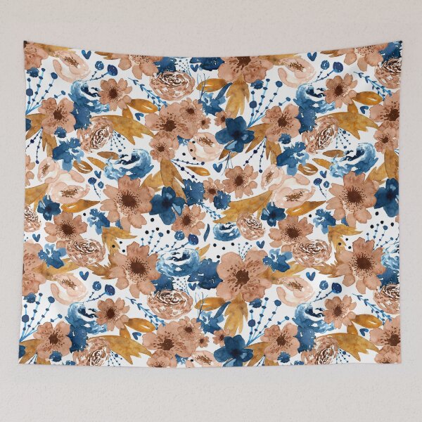 Item preview, Loose sienna and indigo watercolor flowers designed and sold by CrisBanana.