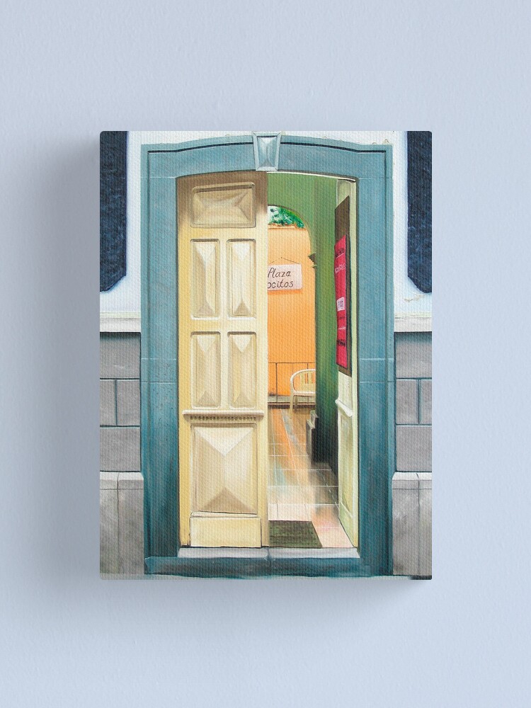 Thumbnail 1 of 3, Canvas Print, "Plaza Positos" - Oil painting of an old Mexican door designed and sold by jknowles.