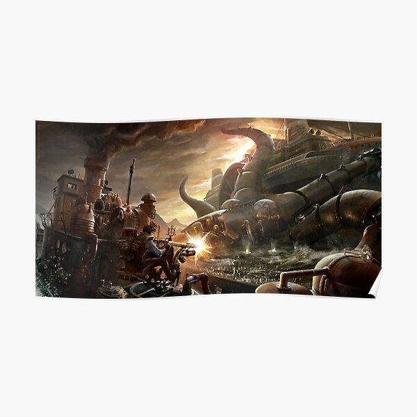 Bataille de poulpe Steampunk Poster