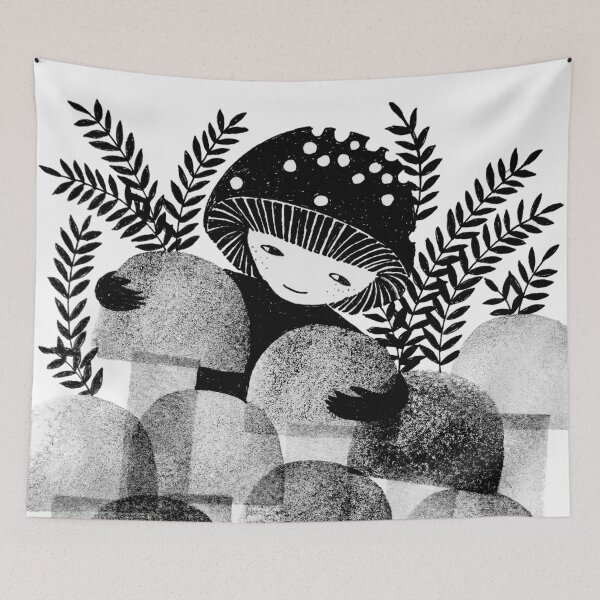 Item preview, black and white mushrooms ink illustration designed and sold by PinkNounou.