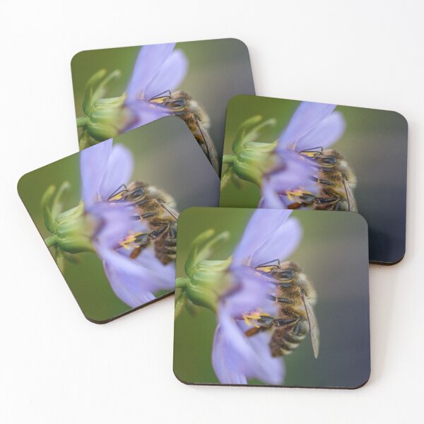 Item preview, Bee on purple Dahlia flower designed and sold by macroviewpoint.