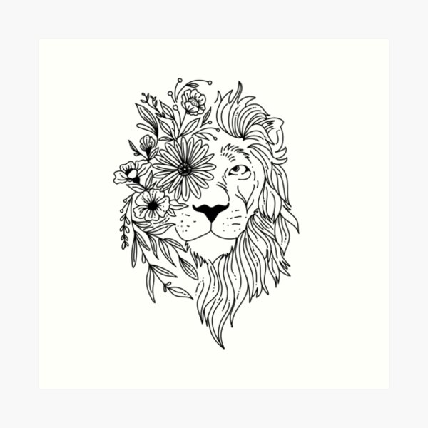 Lion head sketch with flowers in his mane