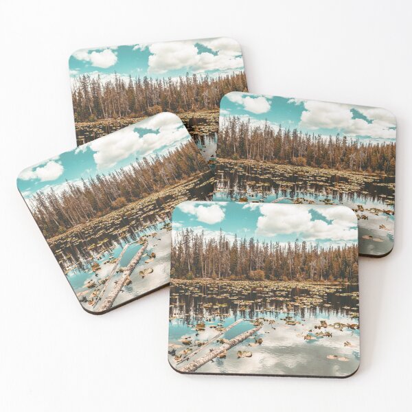 Item preview, Pine Tree Lake Reflection // Rust Orange Filter Log in the Water Teal Blue Sky Autumn designed and sold by catbyrdcolorado.