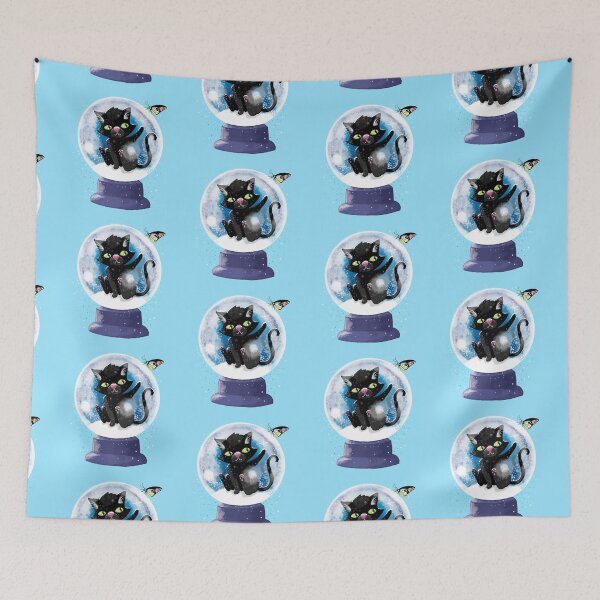 Item preview, Black winter kitty in a snow globe and butterfly designed and sold by jasmineberry.