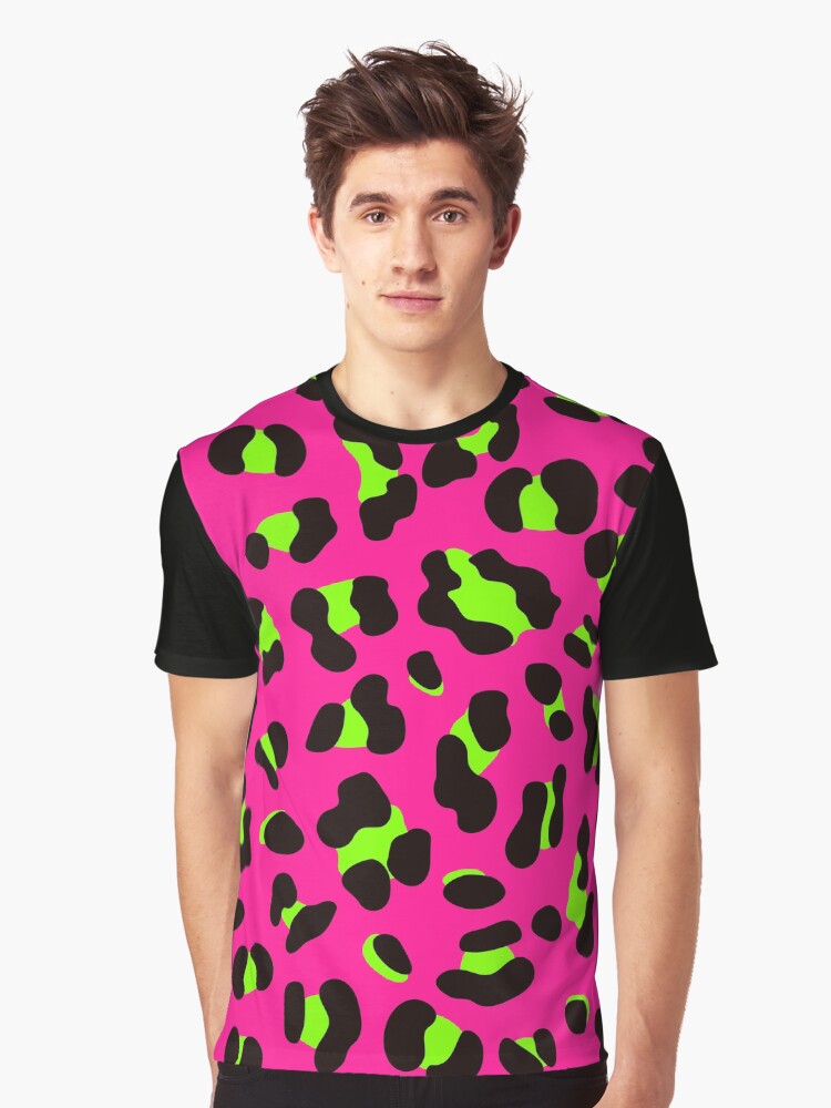 Psychedelic 80s Neon Pink Fuchsia and Lime Green Leopard Graphic T-Shirt