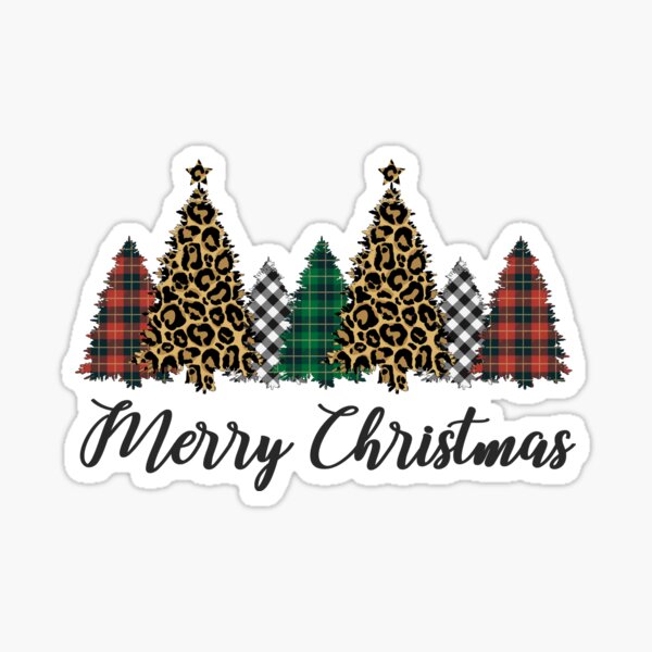 Merry Christmas Rustic Trees Leopard Buffalo Plaid Xmas Tree Sticker