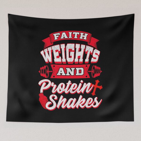Artikelvorschau, Glaube Gewichte und Protein Shakes Religion Workout entworfen und verkauft von perfectpresents.