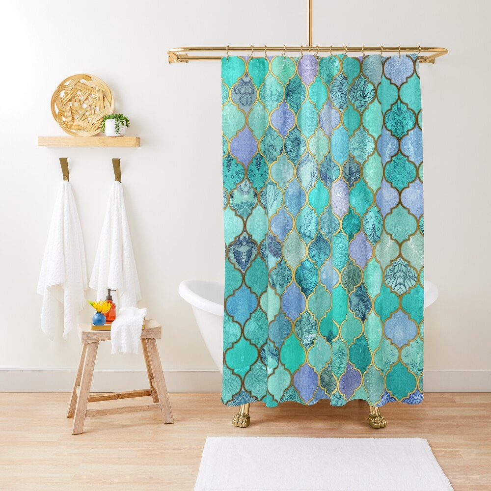 "Cool Jade & Icy Mint Decorative Moroccan Tile Pattern" Shower Curtain