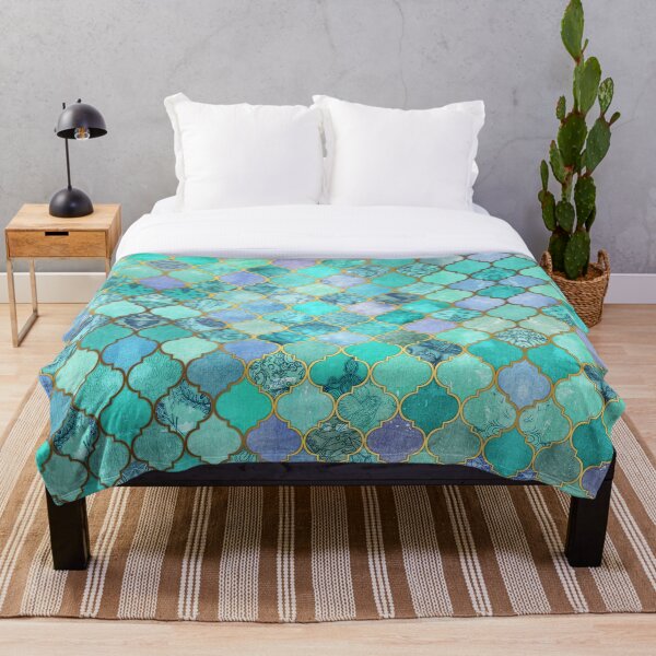 Cool Jade & Icy Mint Decorative Moroccan Tile Pattern Throw Blanket