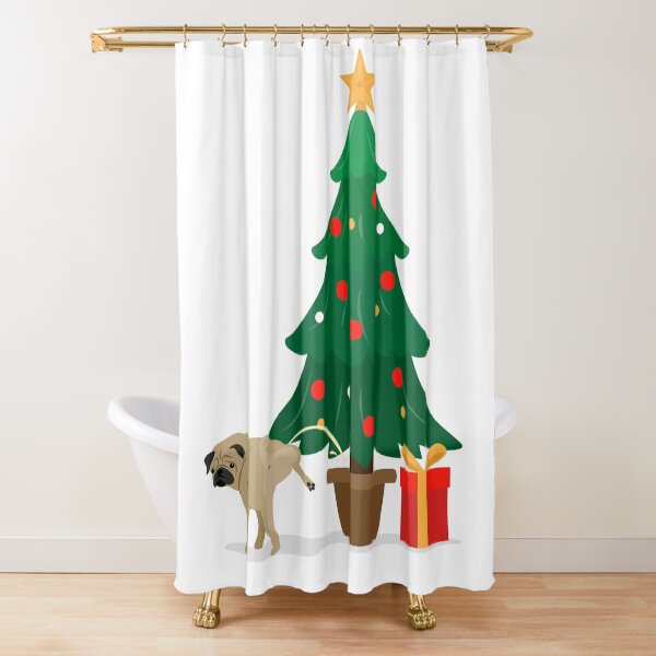 Pug and Gift under the Christmas Tree Shower Curtain