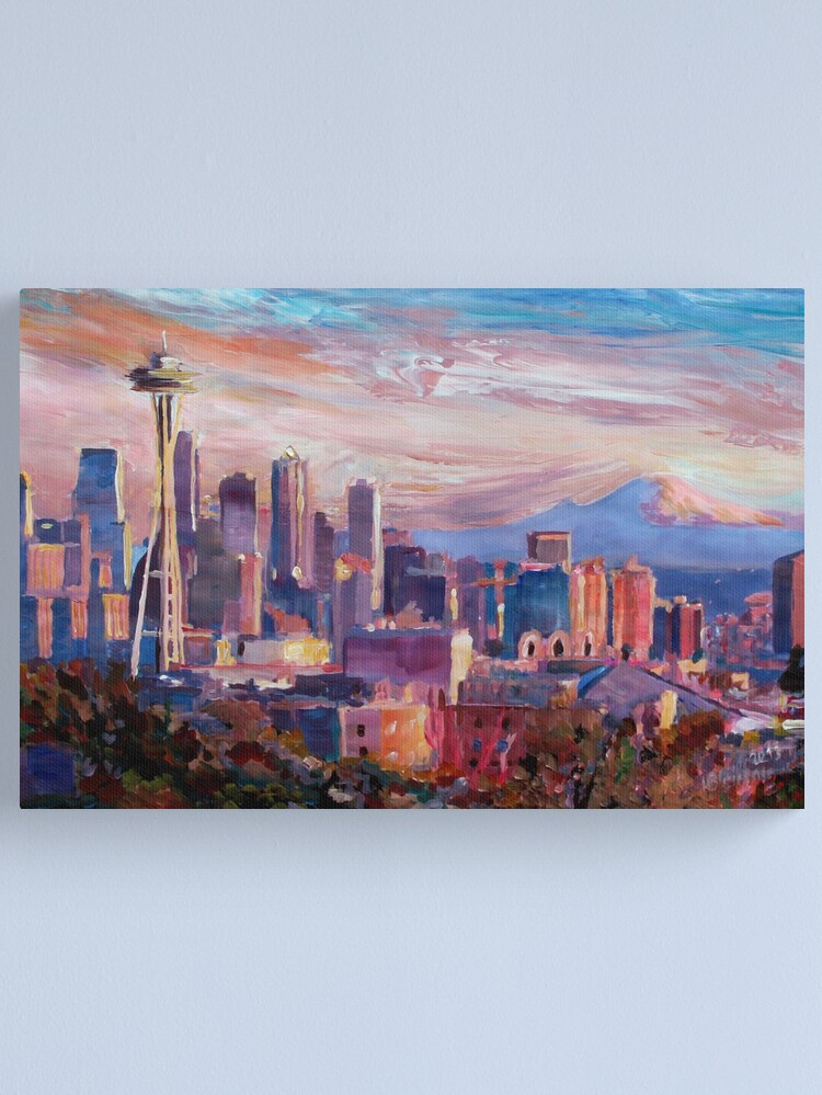 Thumbnail 1 of 3, Canvas Print, Seattle Skyline with Space Needle and Mt Rainier designed and sold by artshop77.