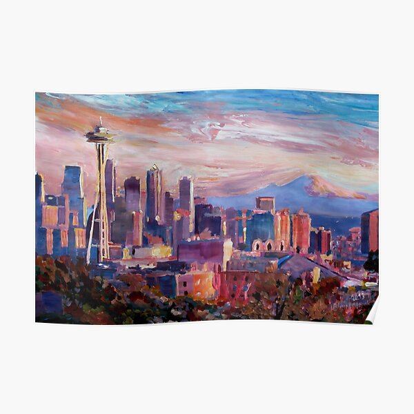 Seattle Skyline with Space Needle and Mt Rainier Poster