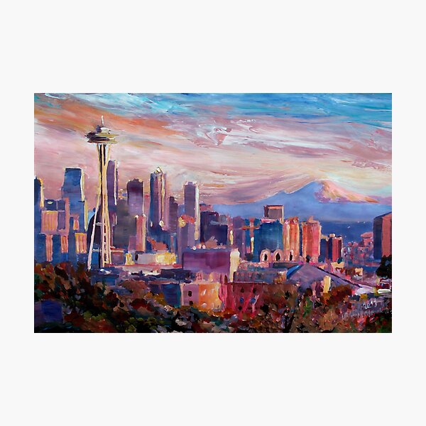 Seattle Skyline with Space Needle and Mt Rainier Photographic Print
