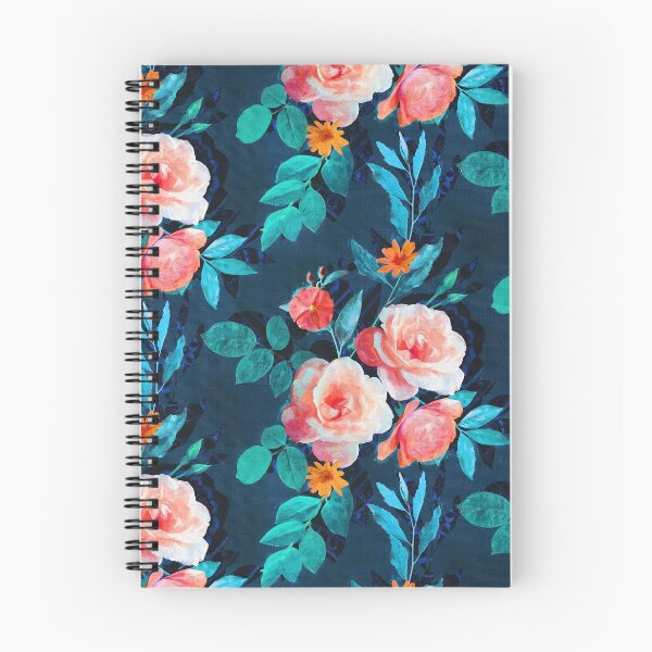 Item preview, Retro Rose Chintz in Bright Coral and Peach on Indigo Blue designed and sold by micklyn.
