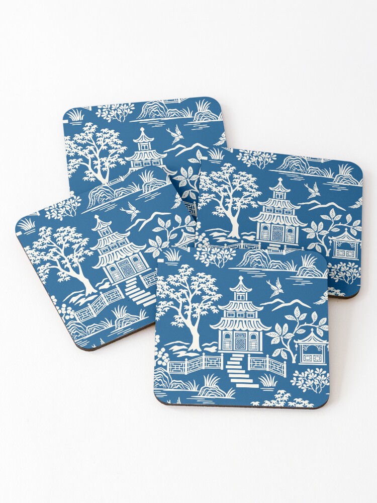 Thumbnail 1 of 5, Coasters (Set of 4), Chinoiserie Pagoda Dark Blue designed and sold by bpixton.