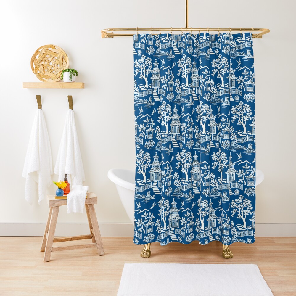 "Chinoiserie Pagoda Dark Blue" Shower Curtain by bpixton Redbubble