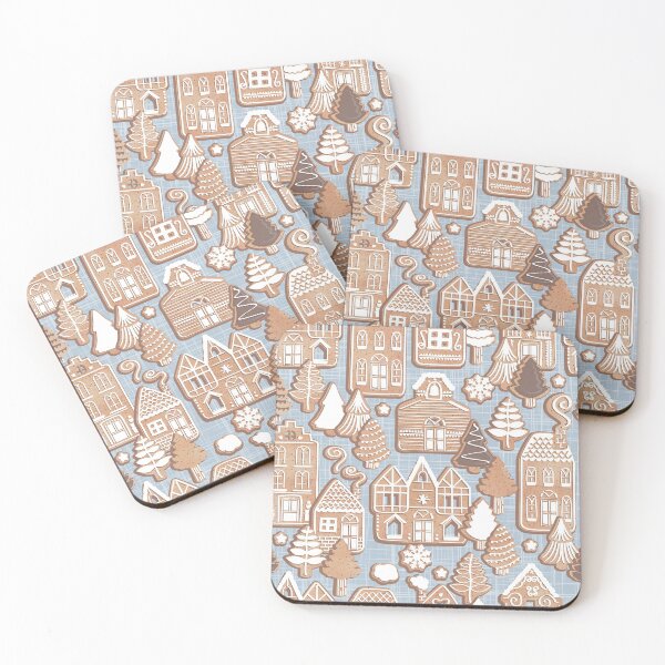Item preview, Whimsical Gingerbread Christmas Village // grey background white and brown houses and pine trees designed and sold by SelmaCardoso.
