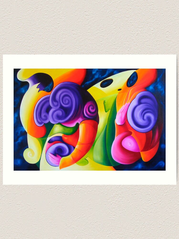 Thumbnail 1 of 3, Art Print, "Bailando en el Espacio" colourful abstract oil painting designed and sold by jknowles.