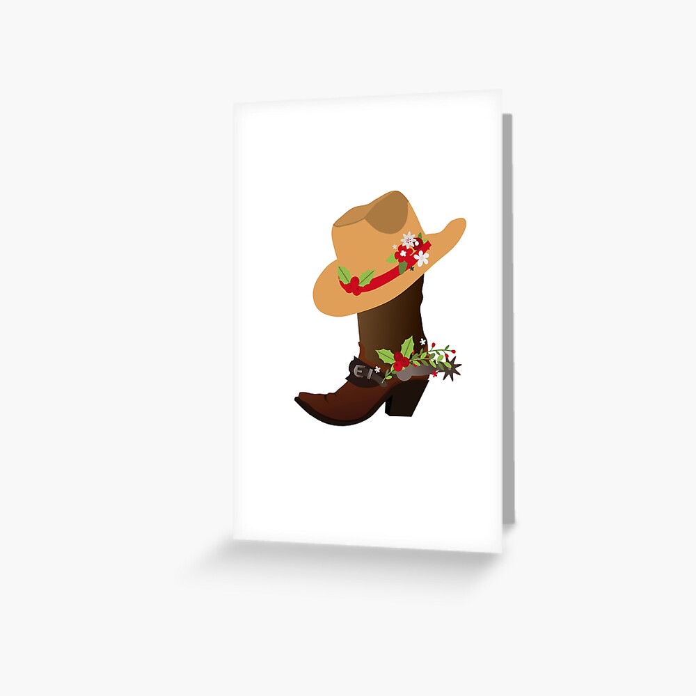 Carte De Vœux Vert Foncé Avec Motif Chapeau Cowboy Et Bottes - Papier Nacré, Avec Enveloppe - Pour Anniversaire, Noël, Fête
