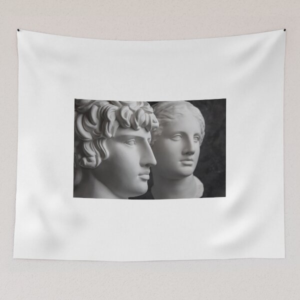 Item preview, Gypsum copy of ancient statue Antinous and Venus head on dark textured background. Plaster sculpture face. designed and sold by bashta.