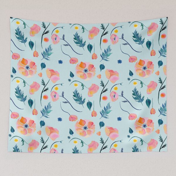 Item preview, Blue and Pink Watercolor poppies and leaves  designed and sold by Alisha Watercolors.